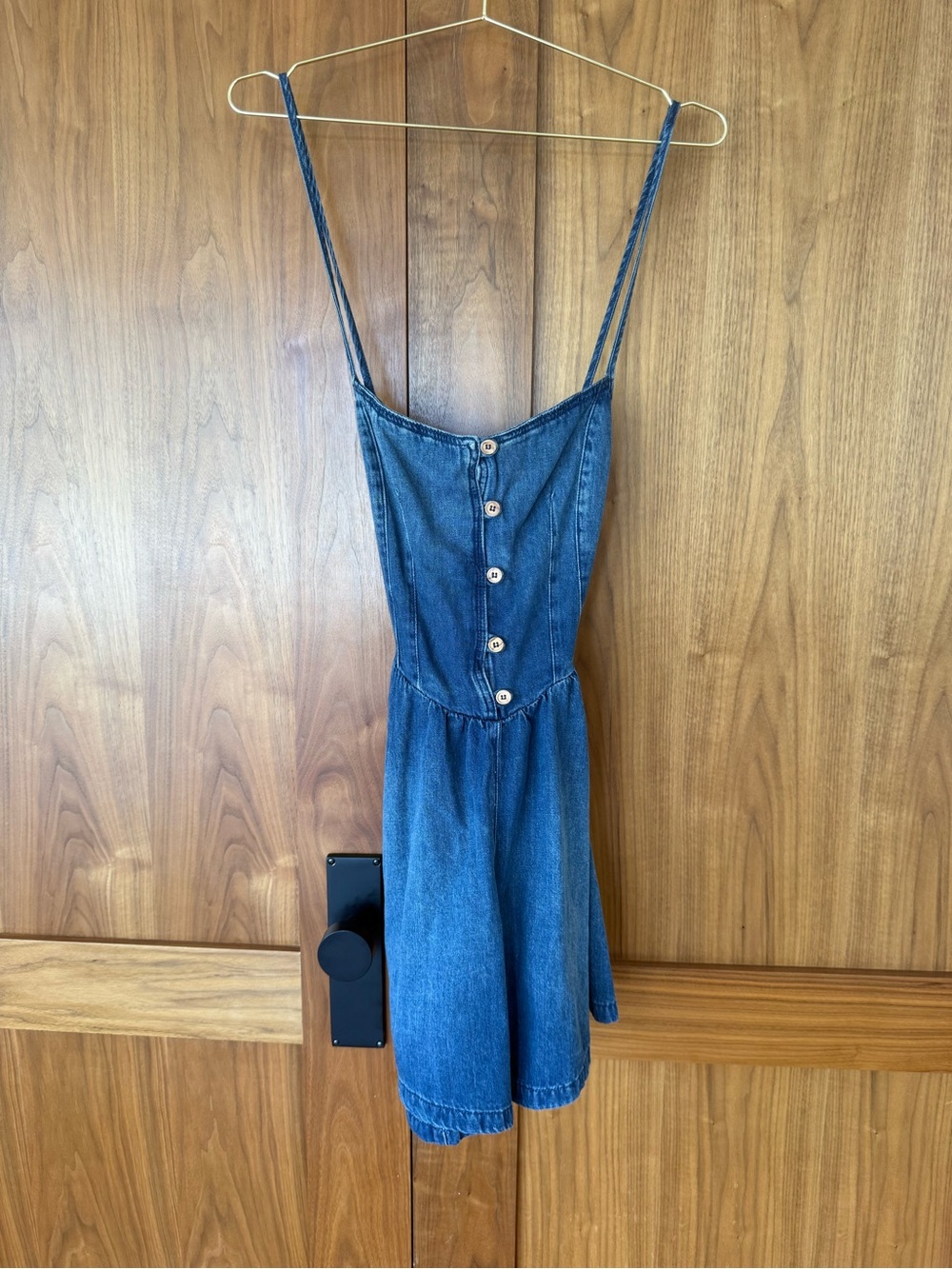 Denim Button-Front Mini Romper with Spaghetti Straps
